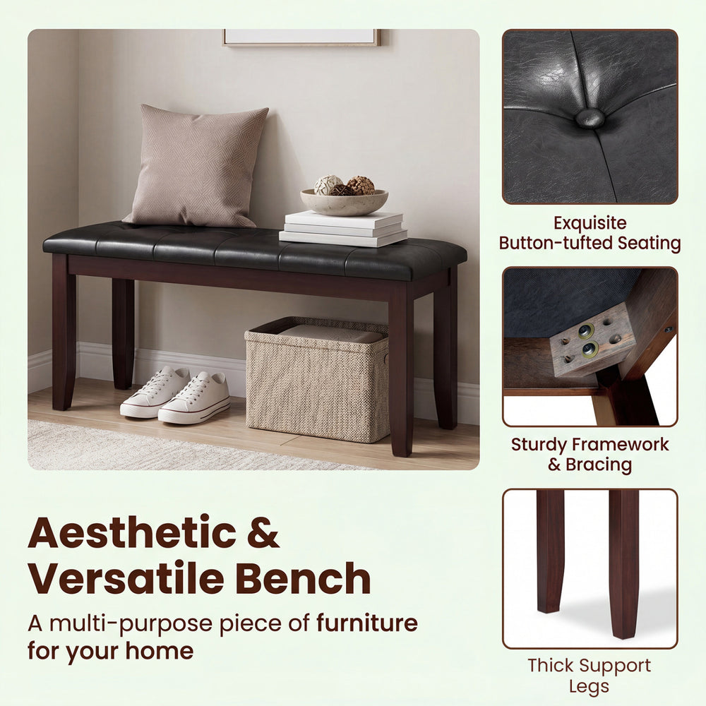 Brown PU leather upholstered bench with button-tufted seating and strong rubber wood legs, perfect for versatile home use.