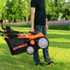 15-inch electric scarifier in orange, featuring a collection bag and removable blades, easily carried for lawn.