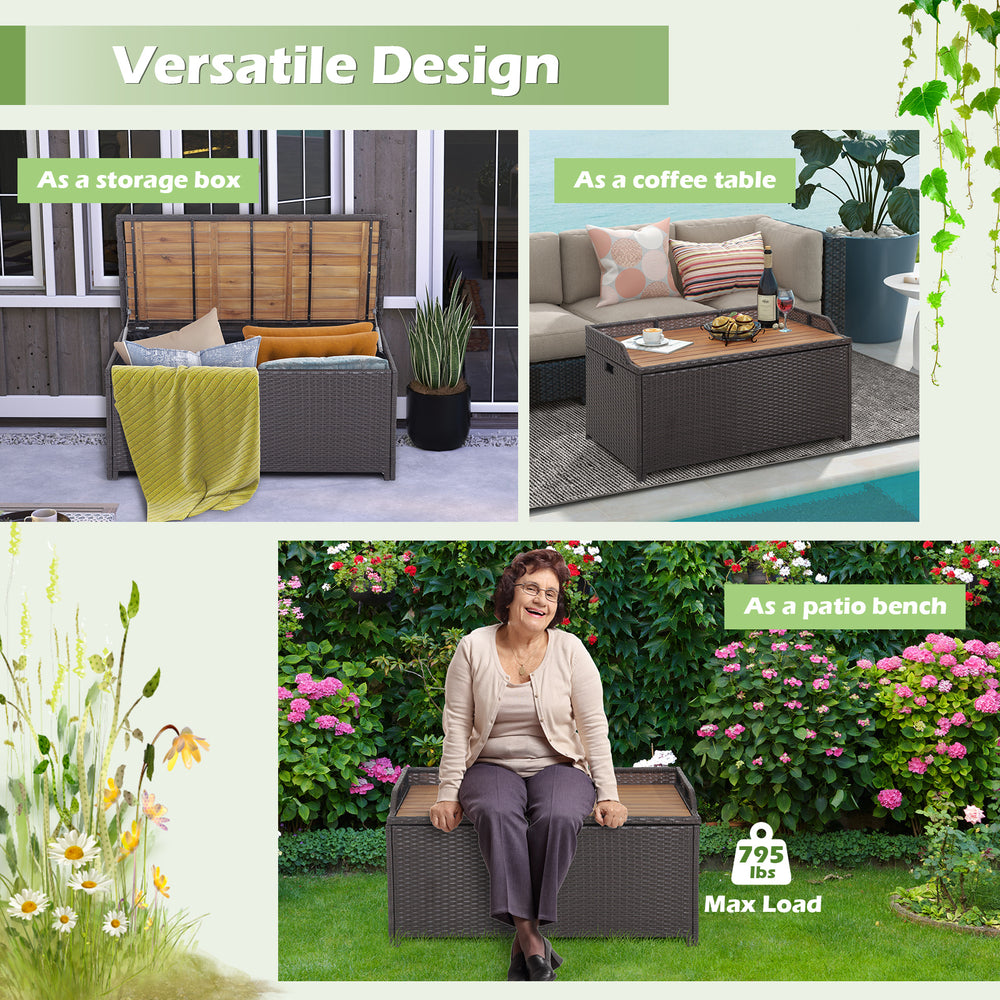 Outdoor storage bench with acacia wood lid, used as a coffee table, storage box, or patio bench, 45-gallon capacity.