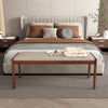 Beige 45-inch farmhouse backless bench with rubber wood legs and padded seat, perfect for bedroom or dining room use.