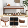 Farmhouse backless bench with rubber wood legs and beige fabric padded seat, ideal for entryway or dining room use.