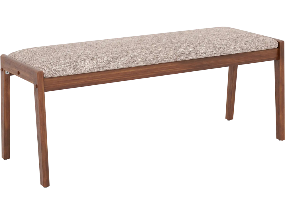 Farmhouse backless bench with rubber wood legs and beige padded seat, ideal for dining or entryway use.