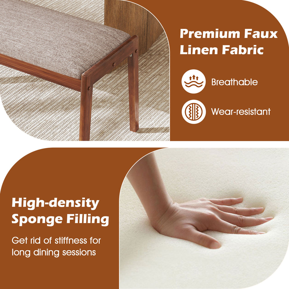 Backless 45-inch farmhouse bench with beige faux linen fabric and rubber wood legs, ideal for dining or entryway use.