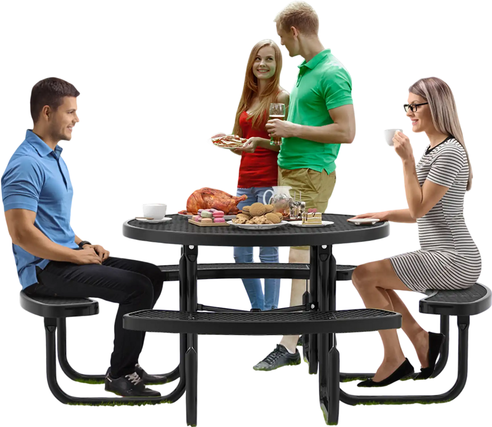 Outdoor round picnic table and bench set for 8, featuring a black thermoplastic coated metal mesh design, ideal for.