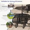 Outdoor round picnic table set with 4 benches, umbrella hole, and rustproof metal mesh for poolside or courtyard use.