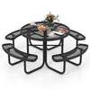 Round black picnic table with 4 benches, umbrella hole, and rustproof metal mesh, perfect for outdoor gatherings.