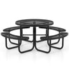 Round black picnic table with four benches, designed for 8 people, featuring an umbrella hole for outdoor use.