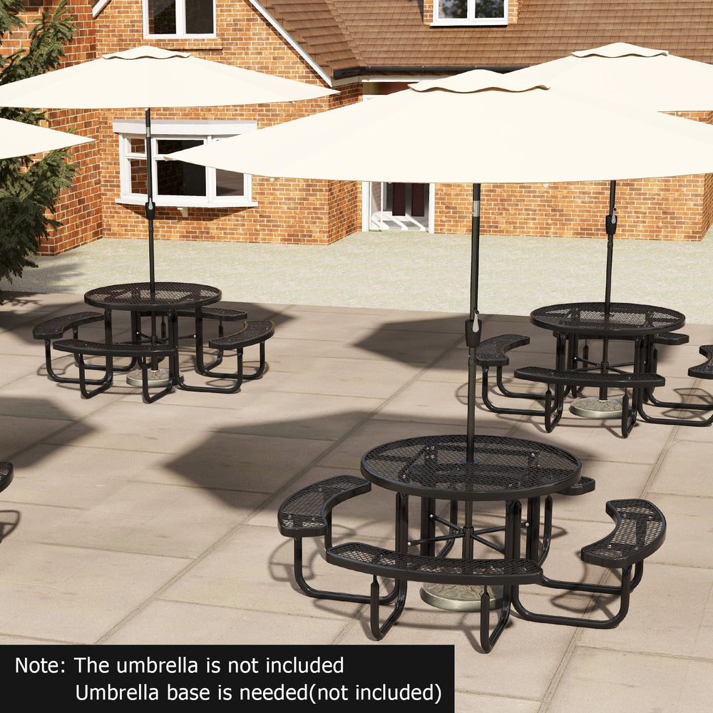 Outdoor round picnic table and bench set in black for 8, featuring an umbrella hole, ideal for poolside or courtyard.