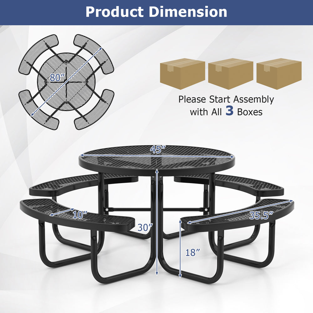 Round outdoor picnic table with 4 benches, thermoplastic coated metal mesh, for 8 people, features umbrella hole.
