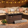 45-inch propane rattan firepit table in mixed brown with flames, transforming into a coffee table for outdoor warmth.