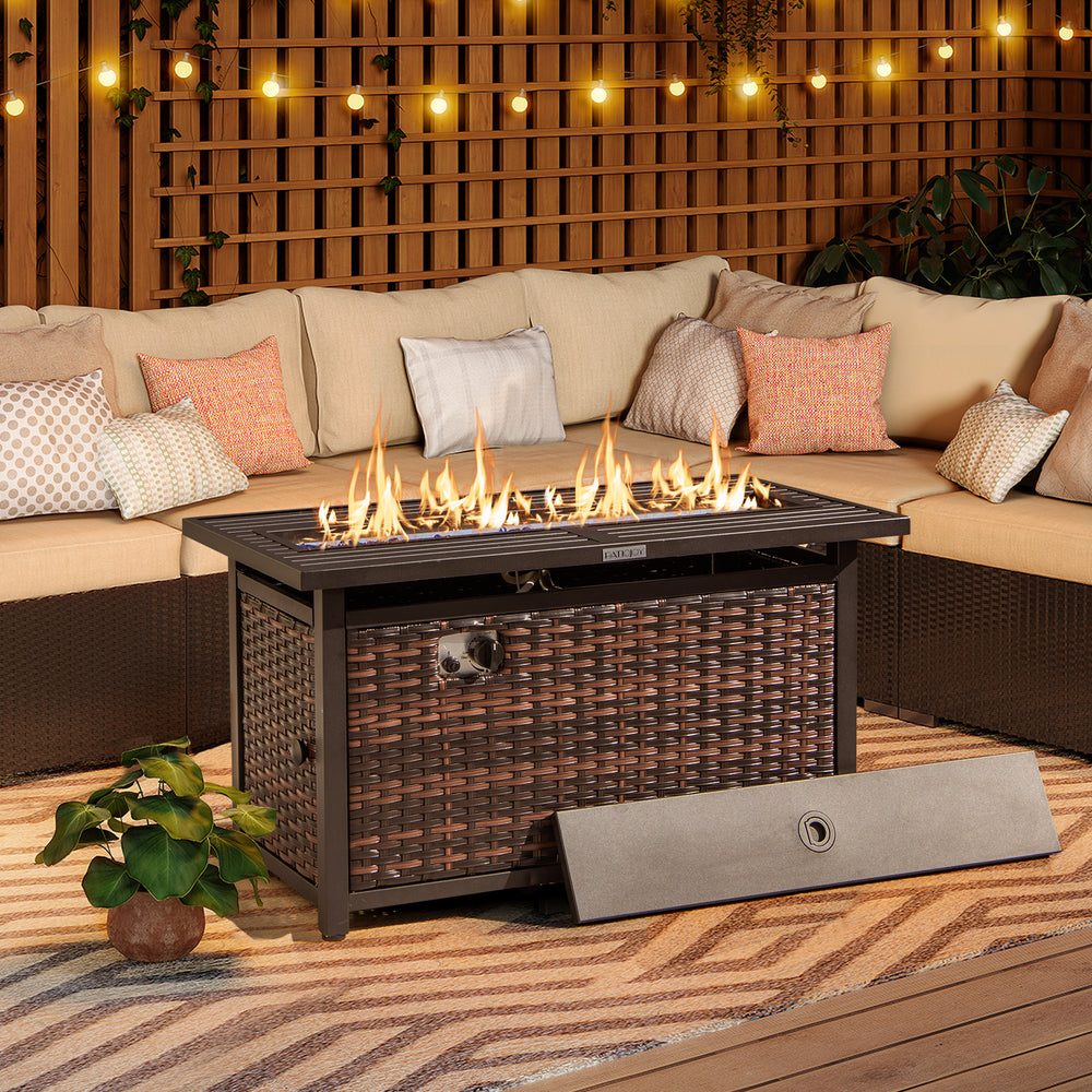 45-inch propane rattan firepit table in mixed brown with flames, transforming into a coffee table for outdoor warmth.