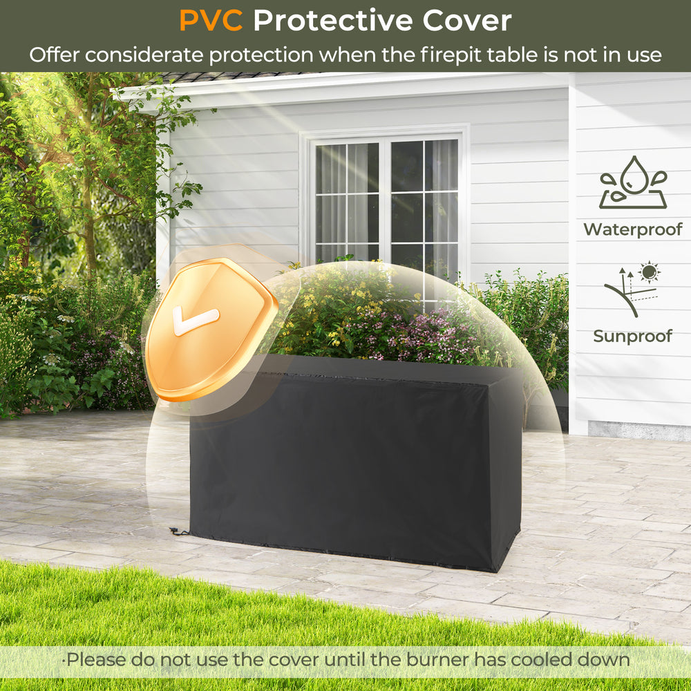 Protective PVC cover for 45-inch propane rattan firepit table, waterproof and sunproof for year-round use.