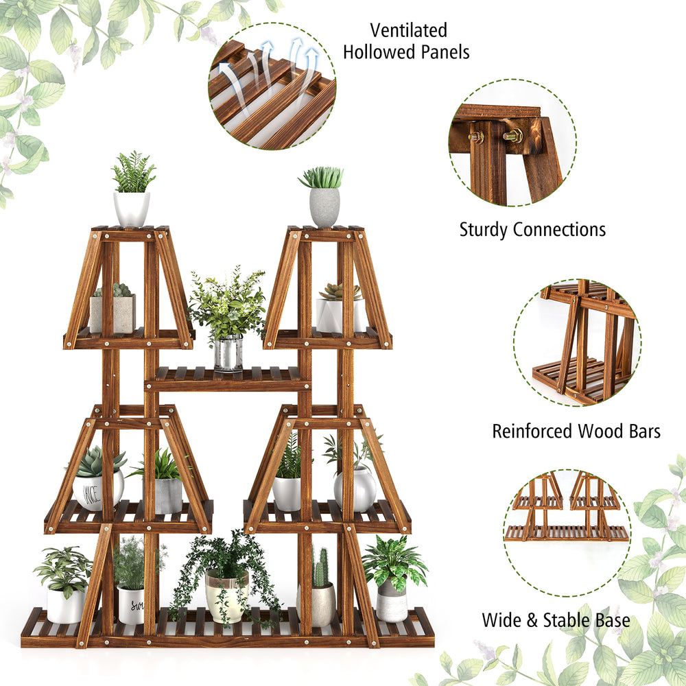 5-tier wood plant stand with 10 open shelves, crafted from natural pine for indoor or outdoor plant display.