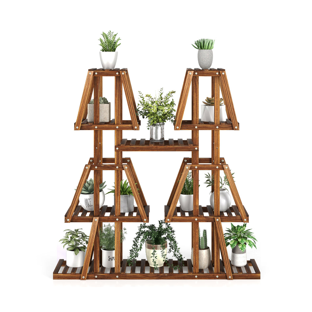 5-tier wood plant stand made of natural pine, featuring 10 open shelves for displaying plants and decorations.