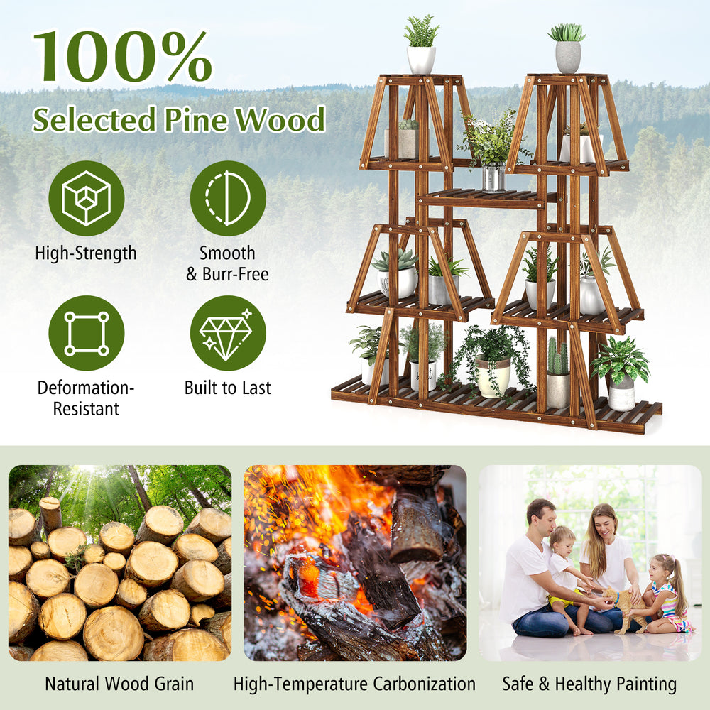5-tier wood plant stand made of natural pine, featuring 10 open shelves for displaying plants and decorations indoors.