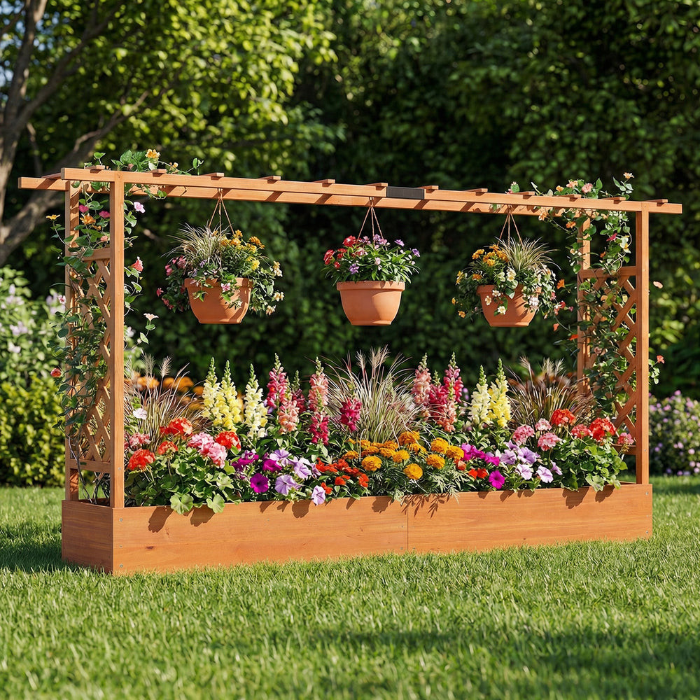 45 Inch Tall Wooden Raised Garden Bed with Side Trellis and Hanging Roof Drainage Holes-Orange - Gallery View 1 of 10