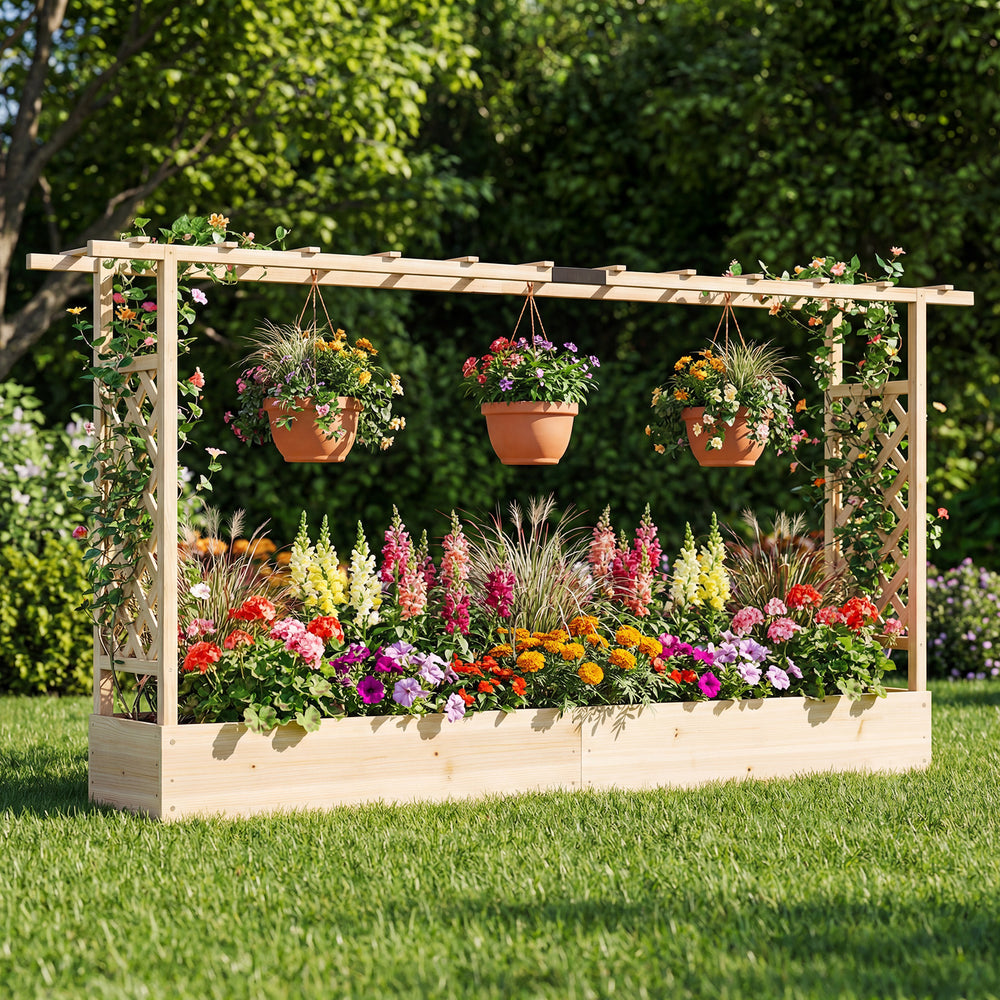 Wooden raised garden bed with side trellis and hanging roof, featuring vibrant flowers and drainage holes for healthy.