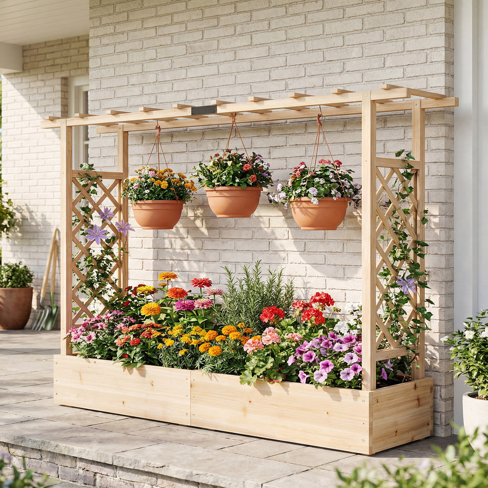 Wooden raised garden bed with trellis and hanging pots, ideal for vibrant flowers and climbing plants on patios.