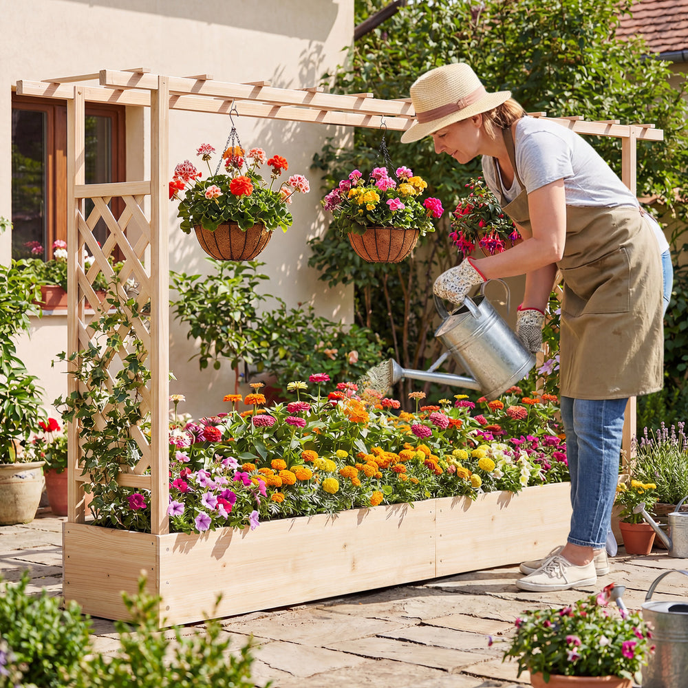 Wooden raised garden bed with side trellis and hanging roof, perfect for growing flowers and plants in outdoor spaces.