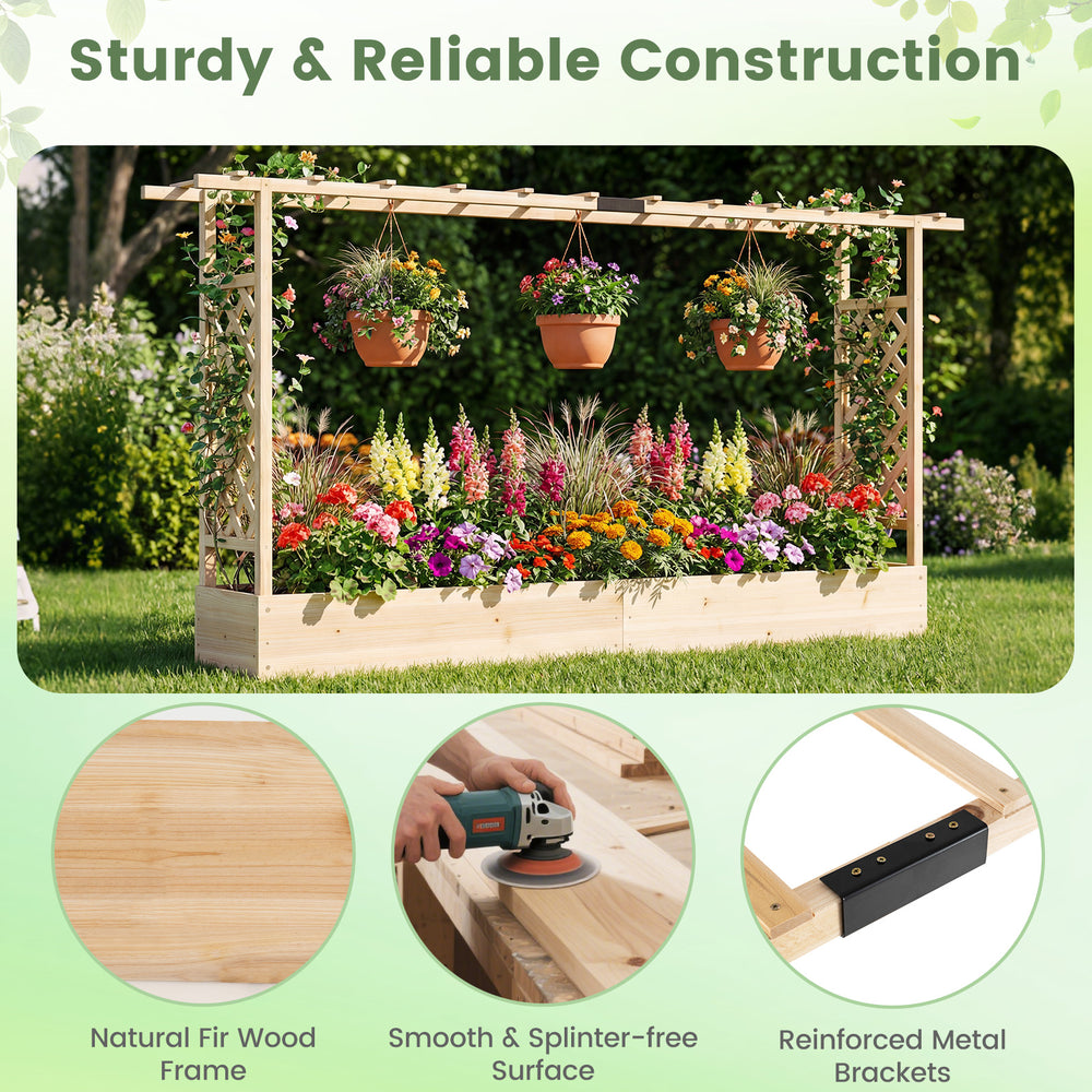Wooden raised garden bed with side trellis, natural fir construction, perfect for growing plants and hanging pots.