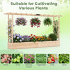 Wooden raised garden bed with side trellis for climbing plants, featuring drainage holes and a flat rooftop for hanging.