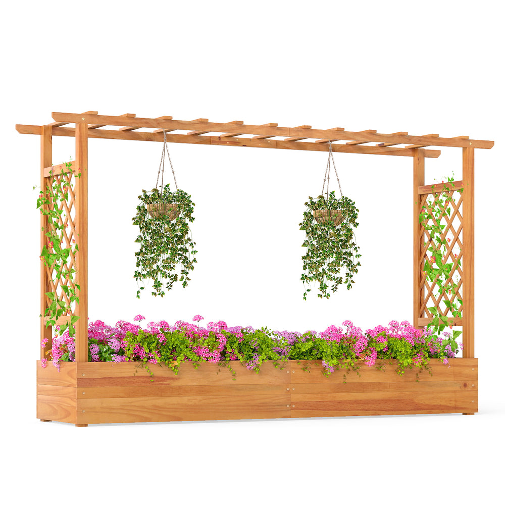 Wooden raised garden bed with lattice trellis, made from natural pine, perfect for outdoor plant cultivation and.