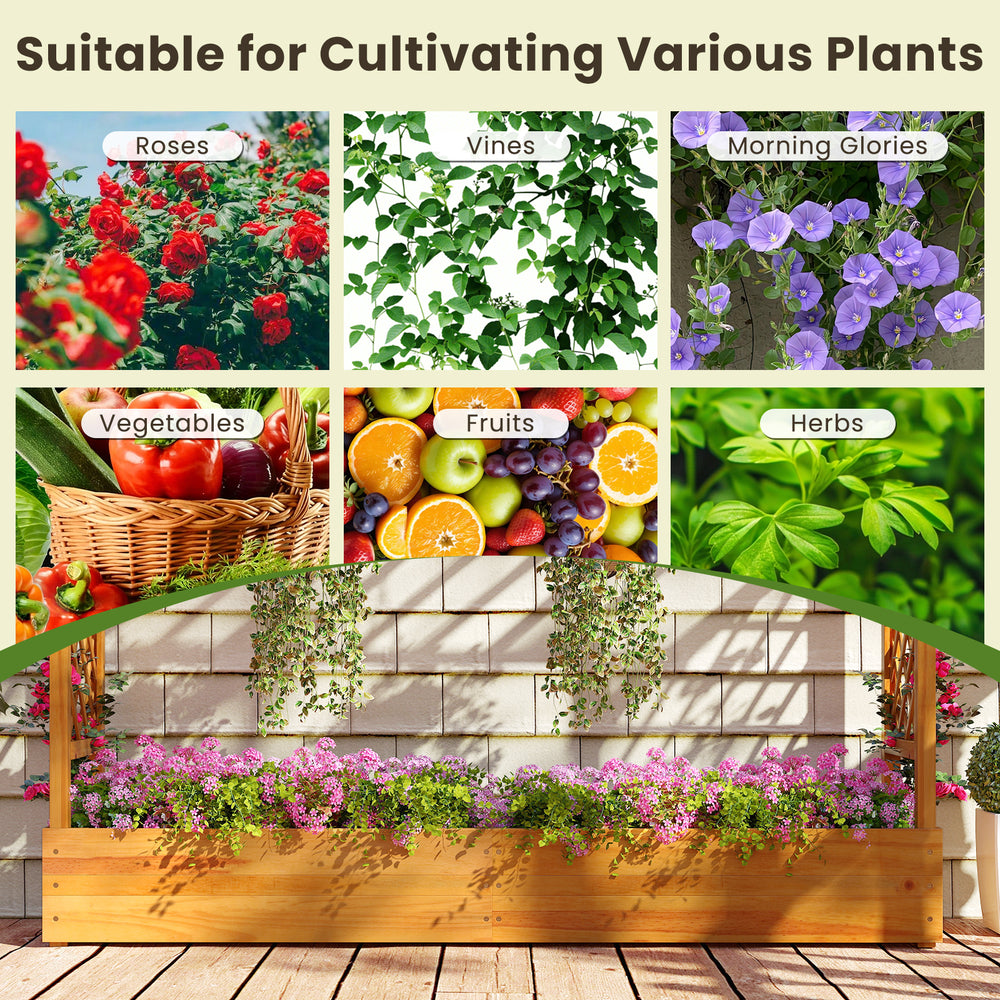Wooden raised garden bed with lattice trellis, perfect for growing flowers, herbs, and vegetables in outdoor spaces.