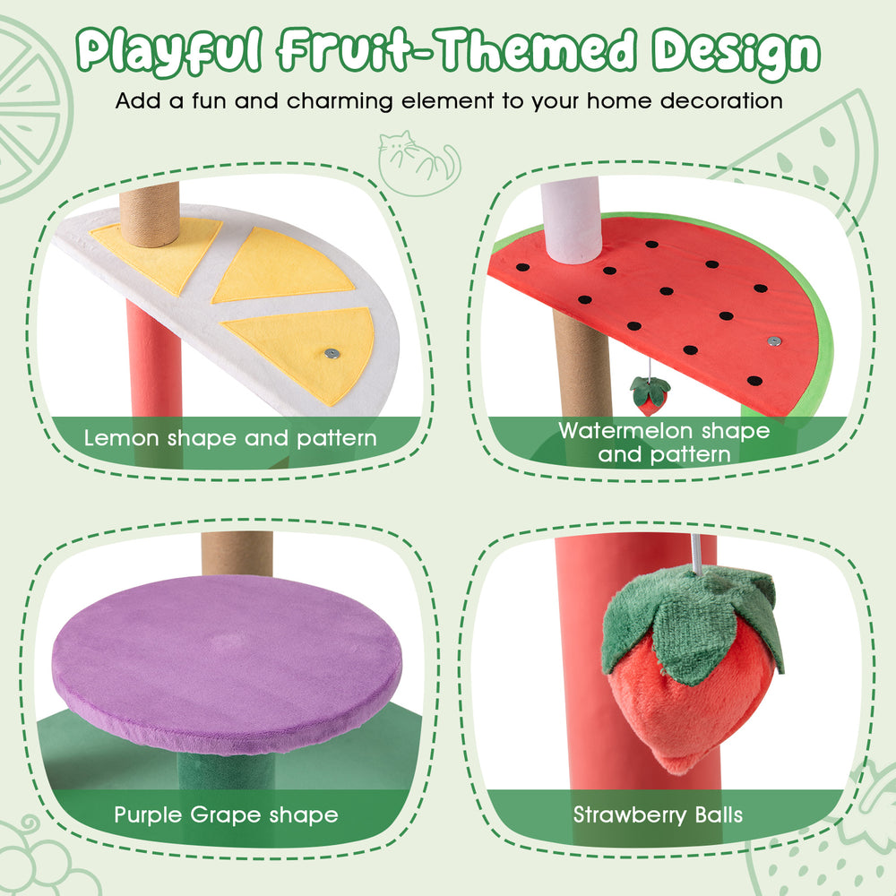 Multi-level cat tree with plush padded top perch and fruit-shaped platforms, perfect for playful cat lounging and.