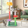 Multi-level cat tree with colorful fruit-shaped platforms, providing playful lounging and scratching opportunities for.