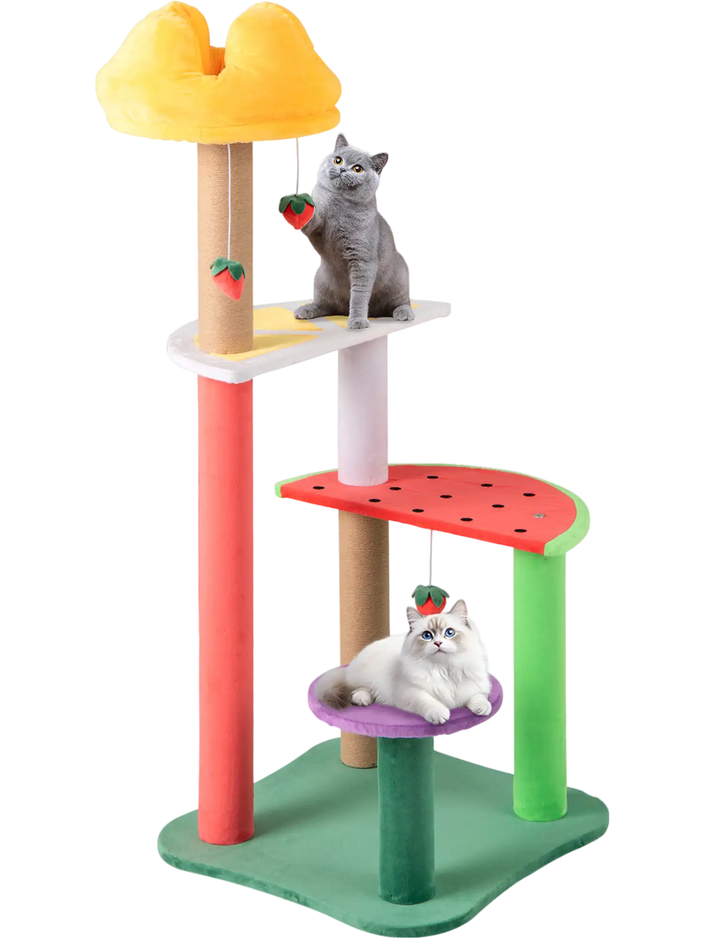 45 Inch Multi-Level Cat Tree with Plush Padded Top Perch and Fruit-Shaped Platforms