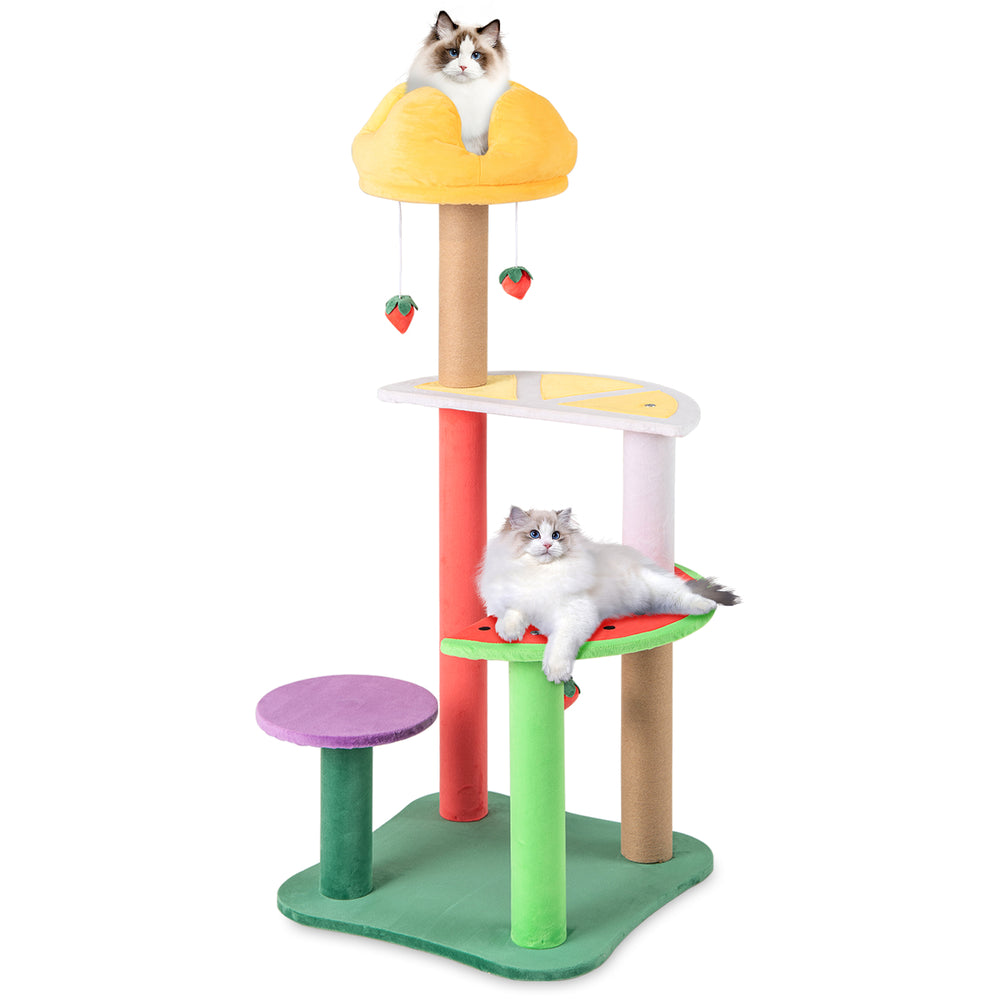 Multi-level cat tree with plush padded top perch and fruit-shaped platforms, perfect for lounging and scratching.