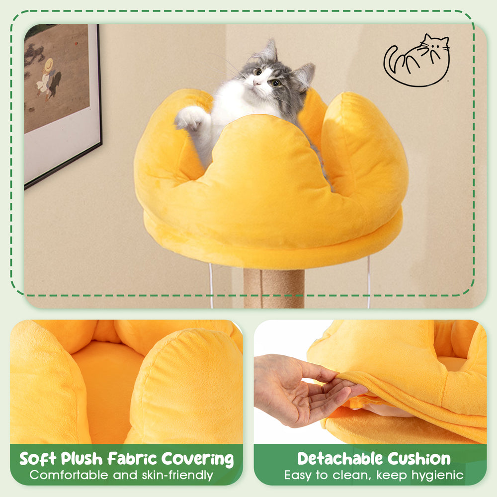 Soft plush crown-shaped top perch of a 45-inch cat tree, featuring a detachable cushion for easy cleaning and comfort.