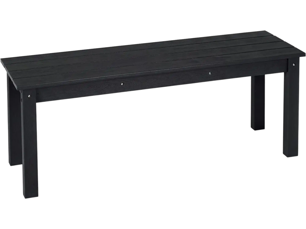 Black 45" outdoor HDPE bench with slatted seat design, supporting 660 lbs, ideal for patios and gardens.