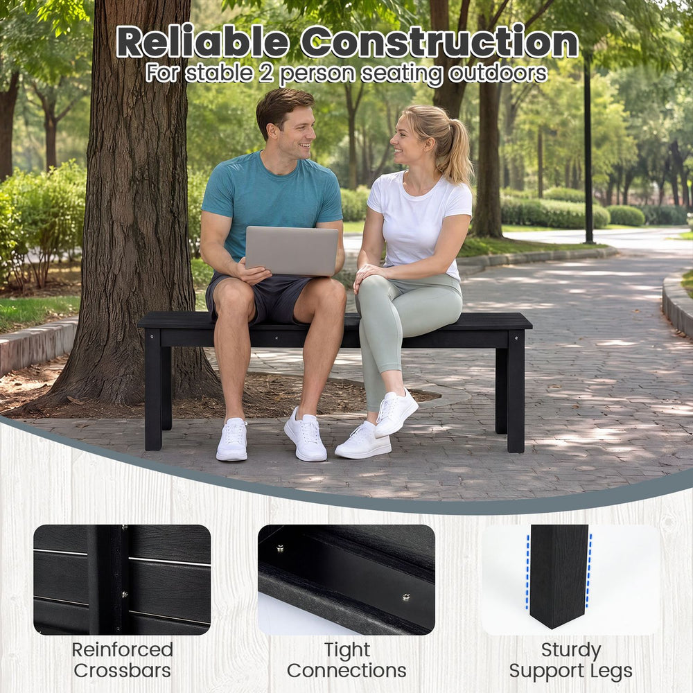 Outdoor 45" black HDPE bench with slatted seat, 660 lbs capacity, ideal for stable two-person seating on patios.
