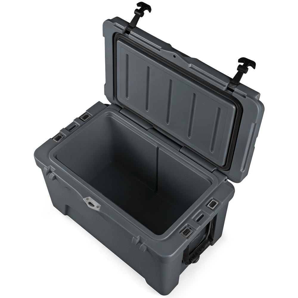 Gray 45-quart portable hard cooler with an open lid, featuring dual latches and a built-in ruler for outdoor adventures.