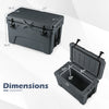 Gray 45 Quart Portable Hard Cooler with dimensions, featuring dual latches and built-in ruler for outdoor adventures.