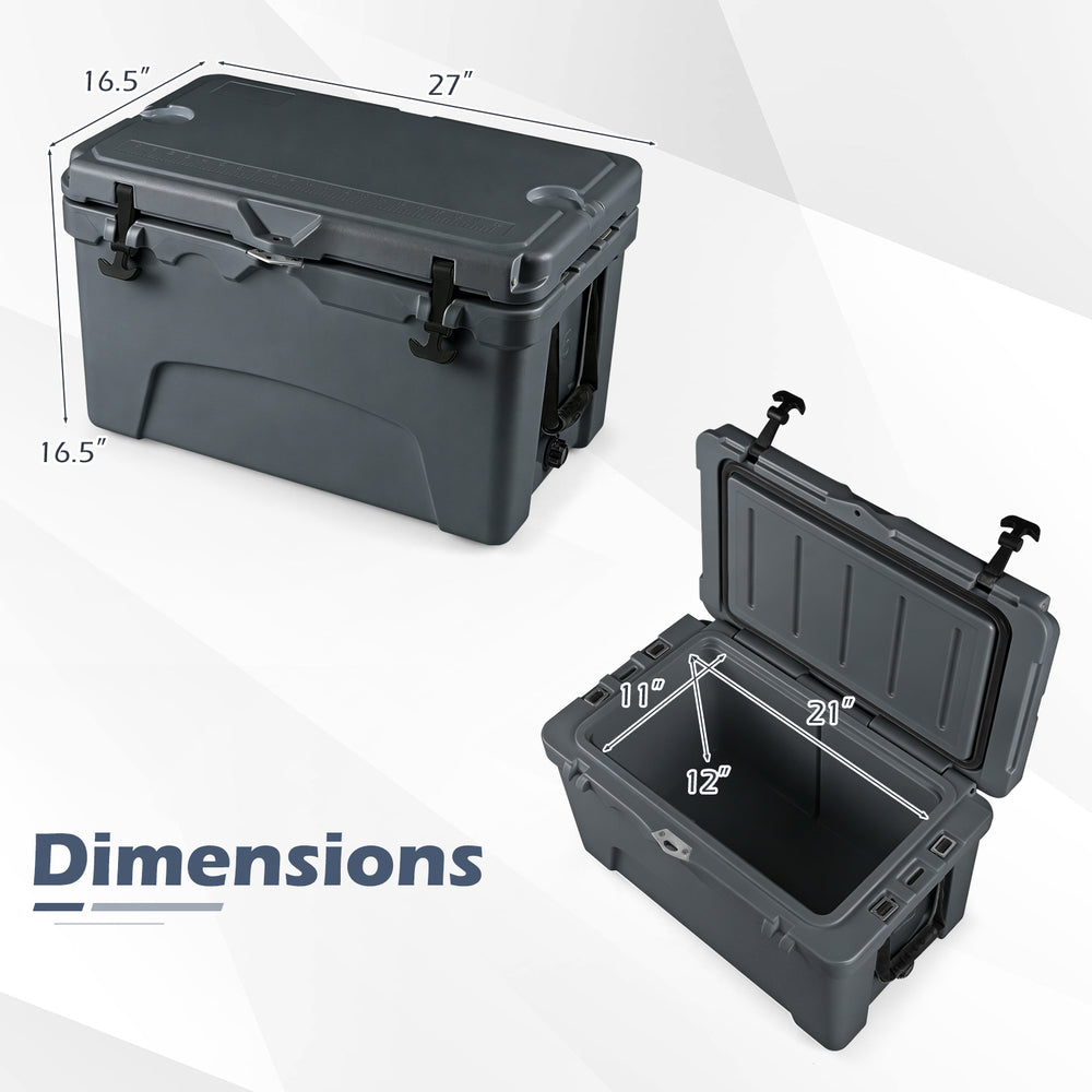 Gray 45 Quart Portable Hard Cooler with dimensions, featuring dual latches and built-in ruler for outdoor adventures.