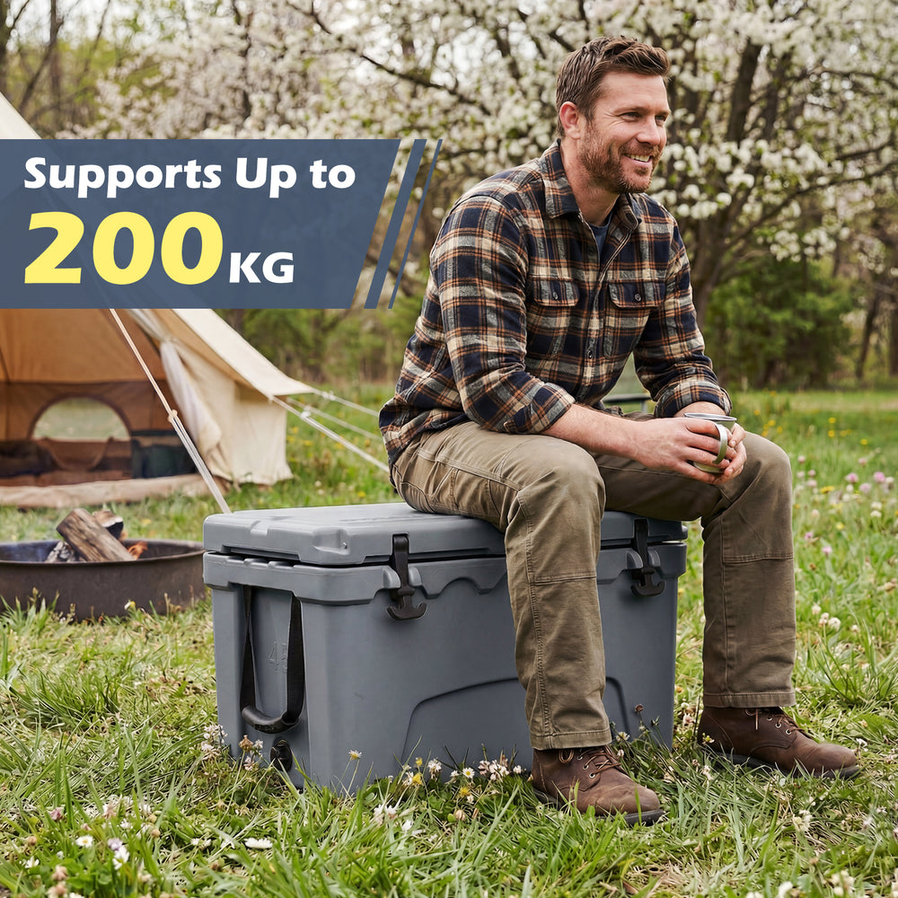 Gray 45 Quart Portable Hard Cooler with rugged design, supports up to 200 kg, ideal for outdoor adventures and seating.