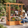 Wooden raised garden bed with side trellis and hanging roof, ideal for growing flowers and plants in outdoor spaces.