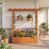 Wooden raised garden bed with trellis and hanging roof, ideal for growing flowers and plants on patios or balconies.