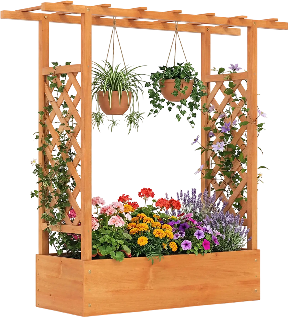 Wooden raised garden bed with side trellis and hanging roof, perfect for flowers and climbing plants in outdoor spaces.