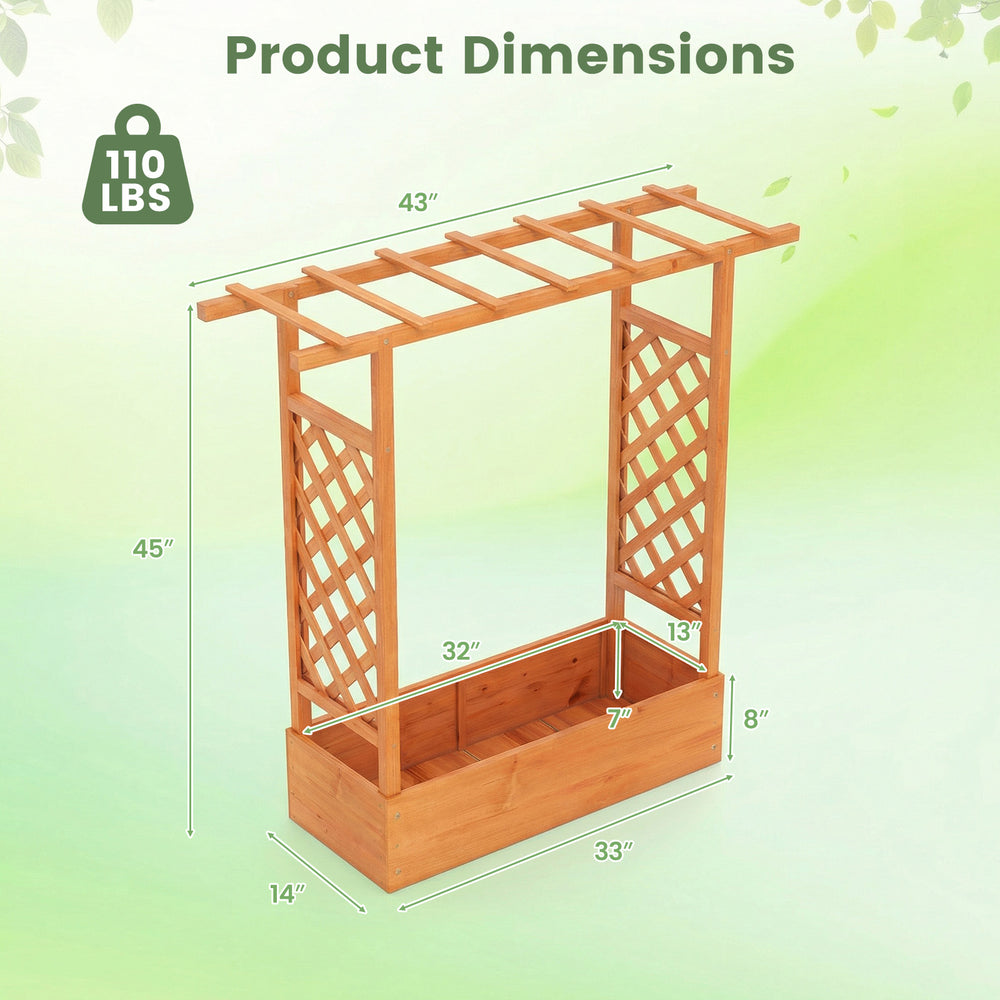 Wooden raised garden bed with trellis and hanging roof, 45 inches tall, ideal for climbing plants and decorative items.