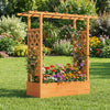 Wooden raised garden bed with side trellis and hanging roof, perfect for growing flowers and climbing plants in outdoor.