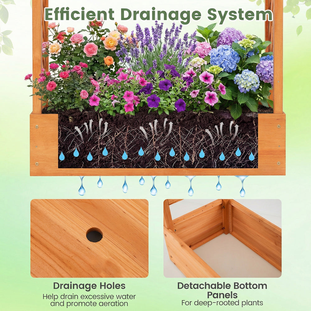 Wooden raised garden bed with drainage holes and detachable bottom panels, ideal for growing deep-rooted plants and.