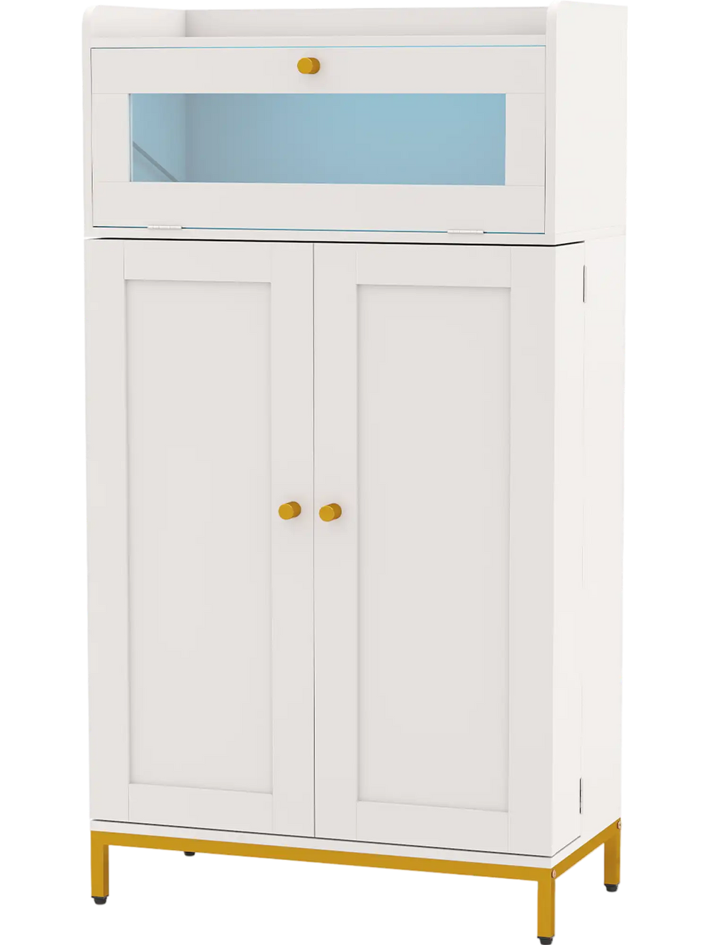 Freestanding white kitchen pantry cabinet with LED light strip, flip door, and ample storage for food and tableware.