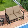 Outdoor 2-person glider rocking loveseat with thick brown cushions and metal frame, perfect for patio relaxation.