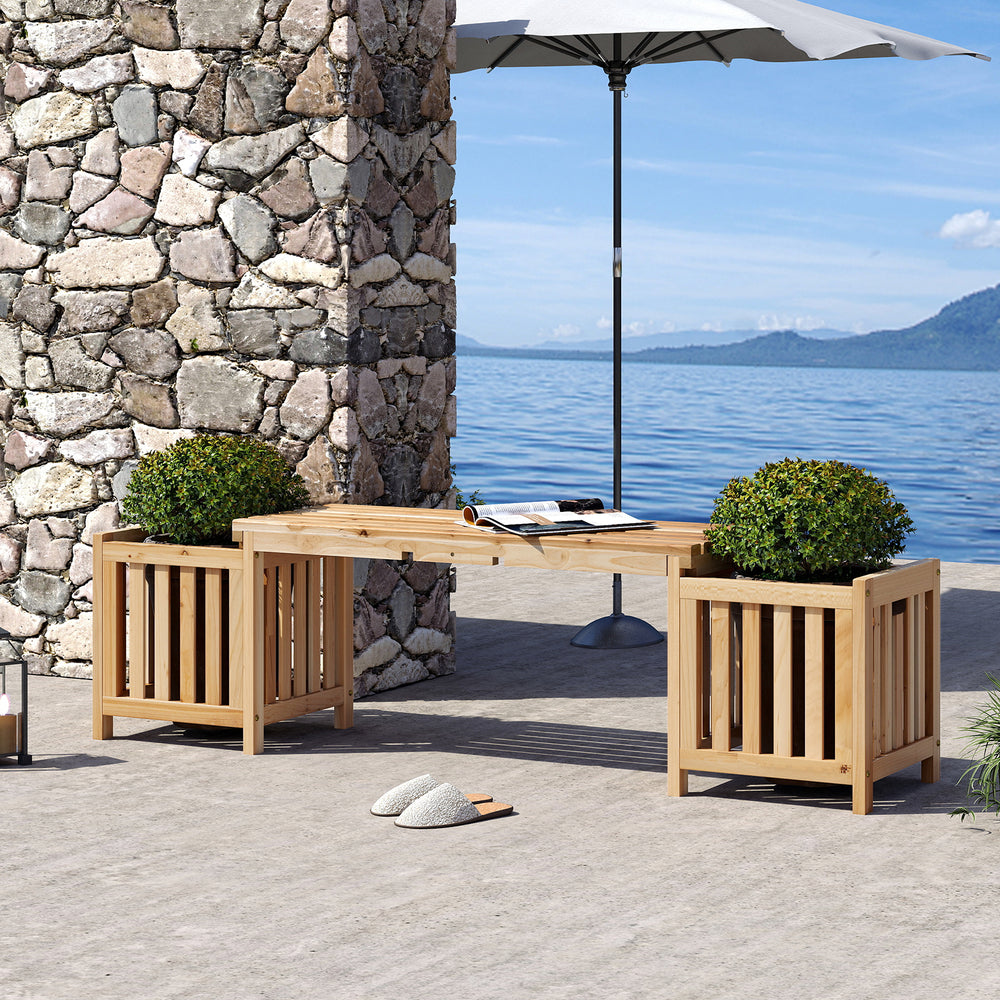 Patio wooden bench with planter in natural fir wood, perfect for outdoor seating and planting in gardens or patios.