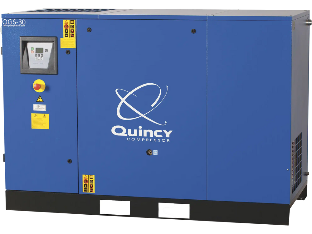Quincy Compressor QGS30 Rotary Screw Air Compressor 30 HP, 460 Volts, 122 CFM, Base Mount with Dryer, No Tank New