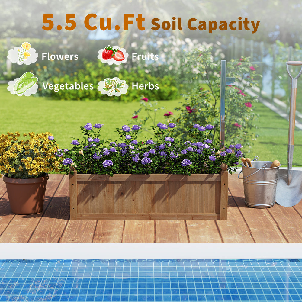 Rectangular brown planter box made of natural fir wood, 46 x 24 x 16 inches, ideal for flowers, vegetables, and herbs.