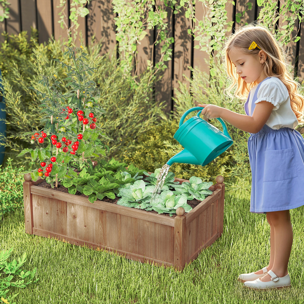 Rectangular brown planter box made of natural fir wood, featuring drainage holes, ideal for backyard garden plants.